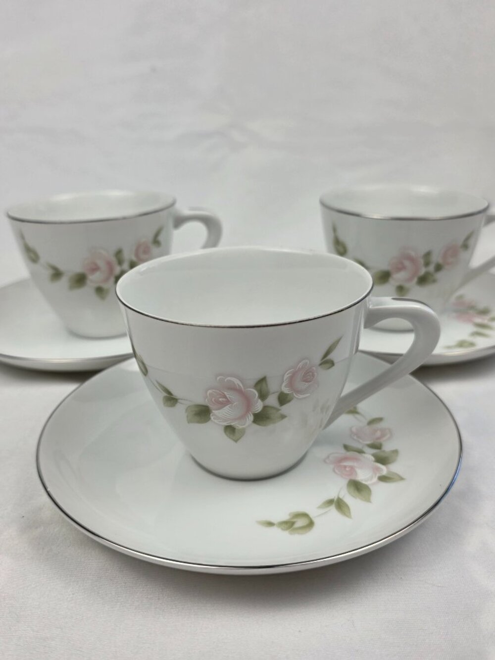 THREE Style House Tudor Rose Cup & Saucer Sets Pink Roses Green Leaves